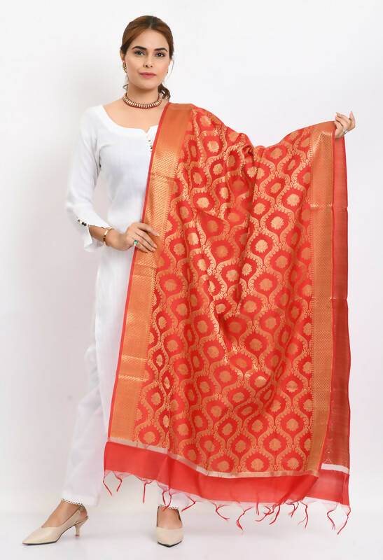 Mominos Fashion Moeza Women's Banarsi Silk All Over Woven Design Red Dupatta