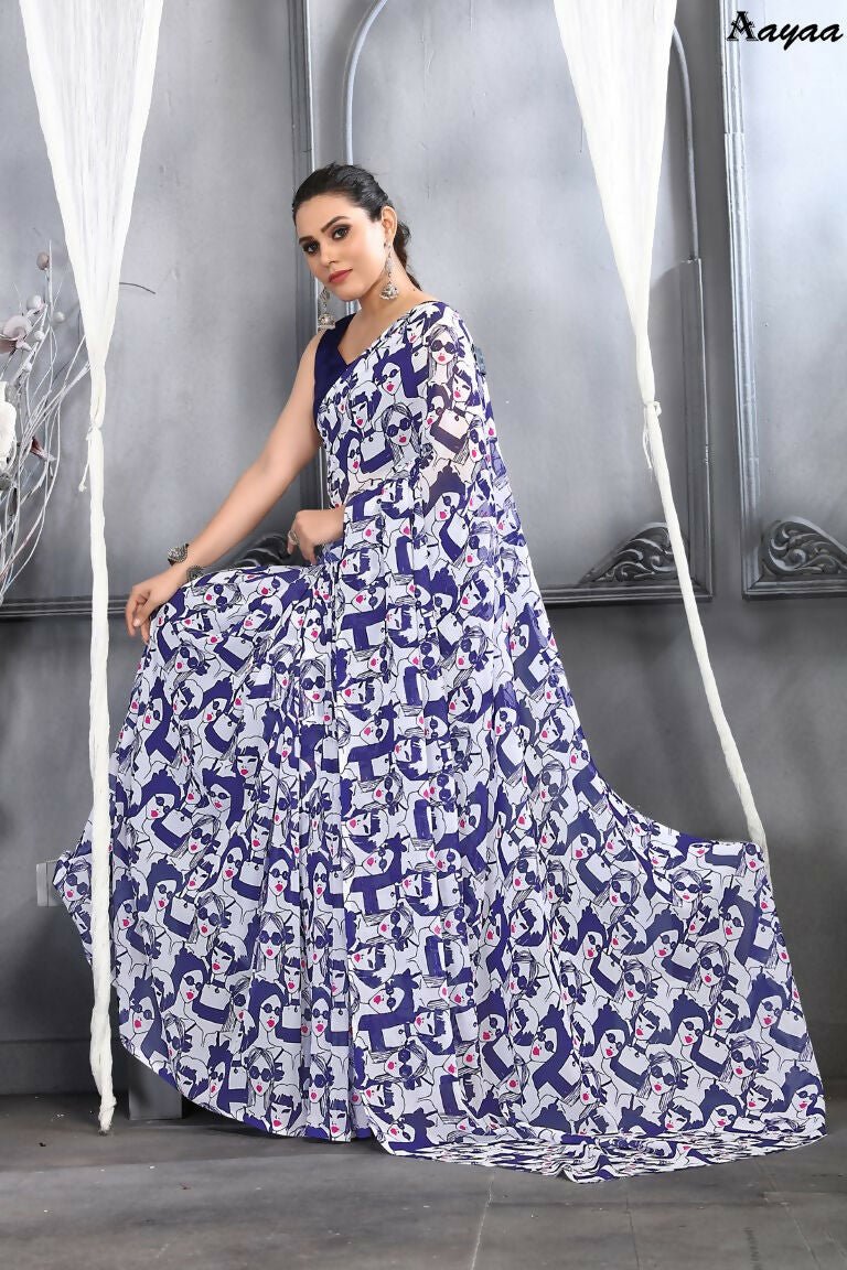 Aayaa Designer Printed Georgette Saree - Multi Color