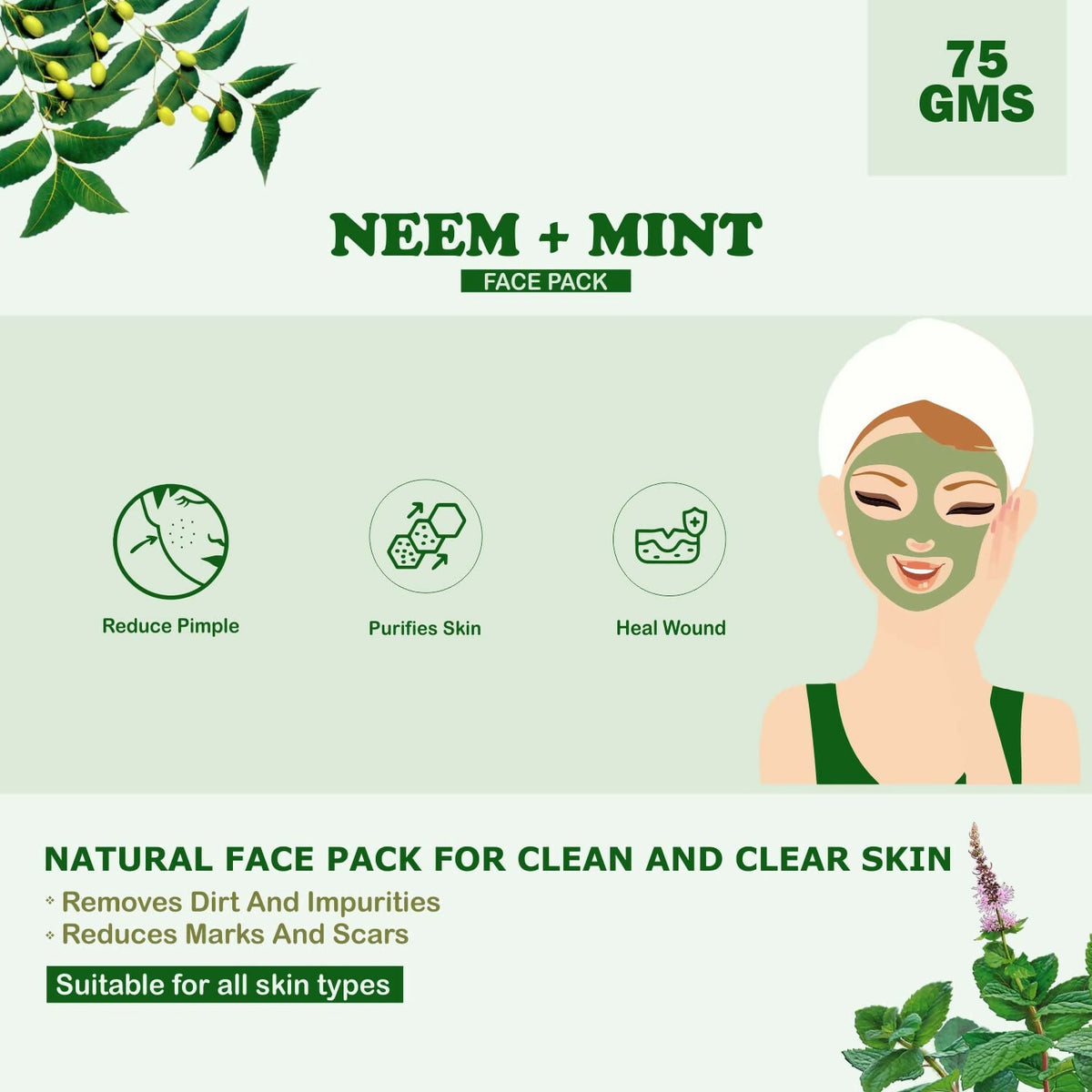 Kimayra Organic Neem + Mint Face Pack Powder For Clean & Clear Skin, Help In Reduce Pimple/Acne, Marks & Scars