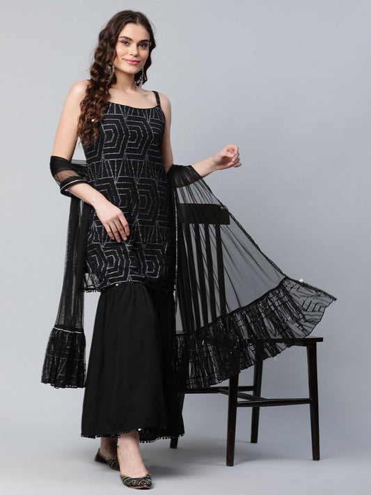 Ahalyaa Women Black Net Glitter Print Short Kurti With Sharara Dupatta Set