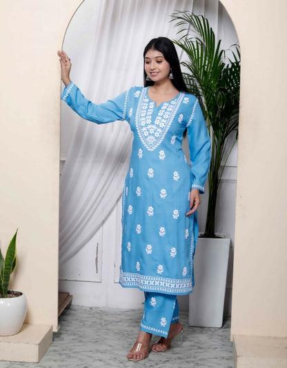 Miravan Women's Chikankari Embroidery Sky Blue Straight Kurta And Palazzo
