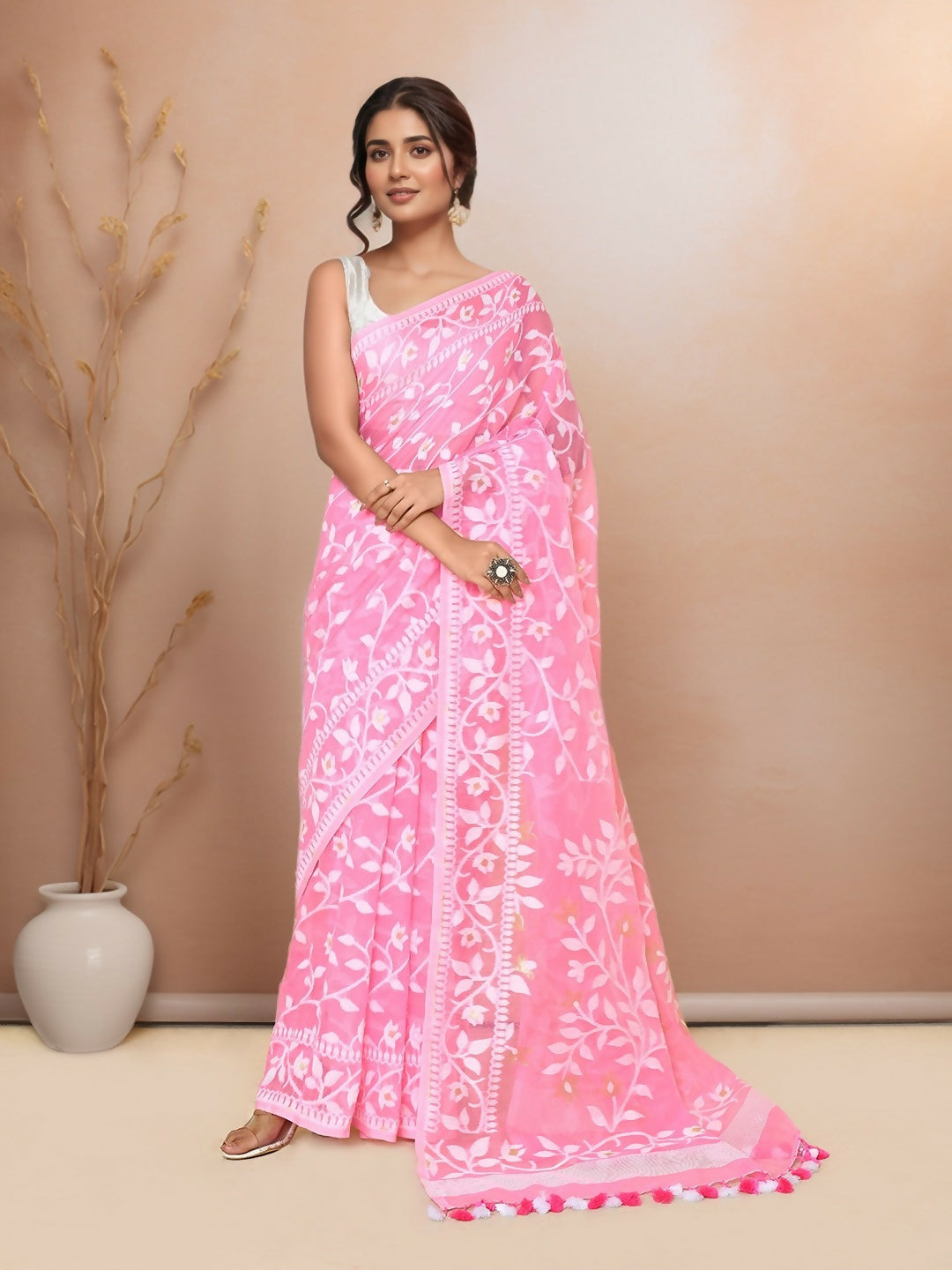 Joban Fashion Light Pink Cotton Blend Jamdani Saree