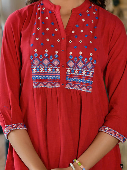 Juniper Women's Red Thread Embroidered Cotton Tunic With Mirror work & Buttons