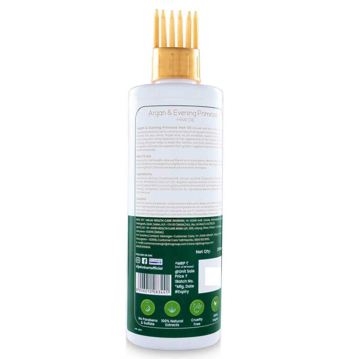 VI-JOHN Prakritik Argan & Evening Primrose Hair oil, Helps to Control Dandruff,100% Bio Actives Hair Oil