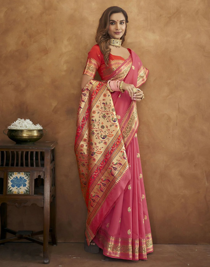 Vastranavya Pink Soft Paithani Silk Saree With Gold Zari Weaving Motifs With Matching Blouse Fabric
