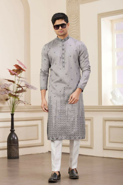 Raivat Ethnic Art Silk Thread Work Kurta Pajama In Grey Colour