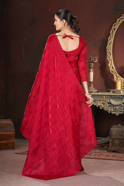 Vastranavya Red Jimmy Choo Silk 3mm Sequence work with Cross Stitch Embroidery work & Cutwork Border Saree