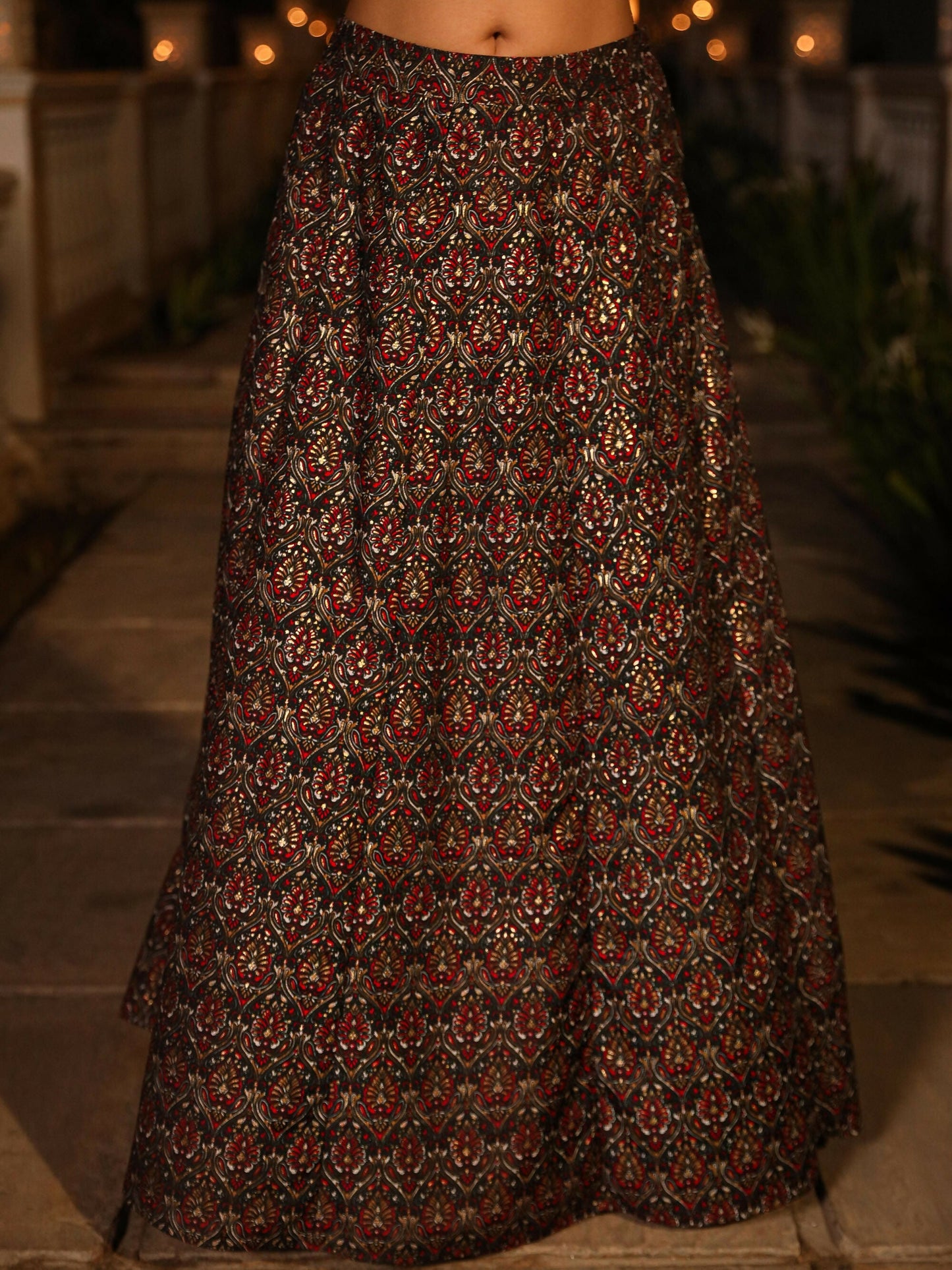 Juniper Women's The Rekha Chitra Black Thread Embroidered Rayon Top & Printed Skirt Set With Beads & Mirror Work