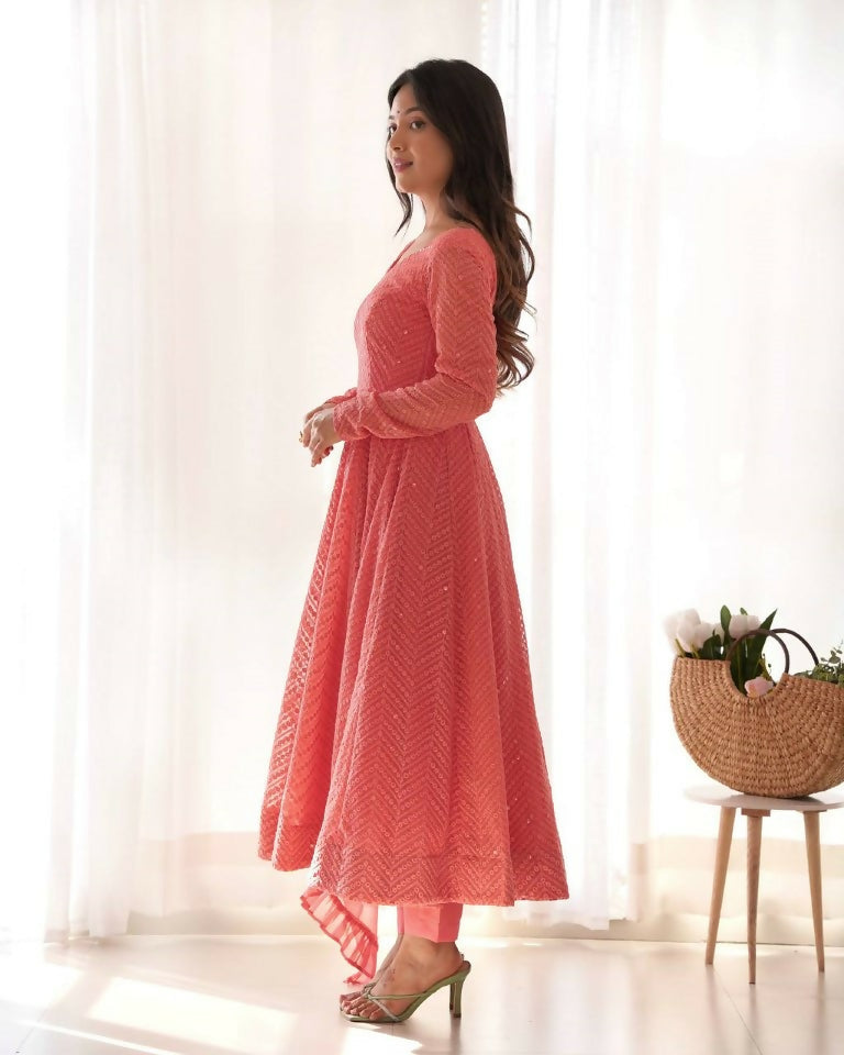 Teeya Creation Peach Color Heavy Embroidery Work Georgette Fabric Wedding Wear Gown