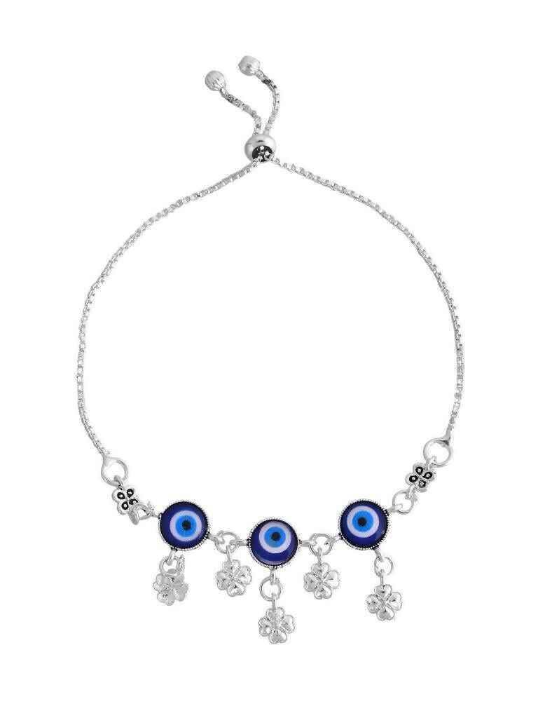 VOJ Set Of 2 Silver Plated Evil Eye Handcrafted Anklets