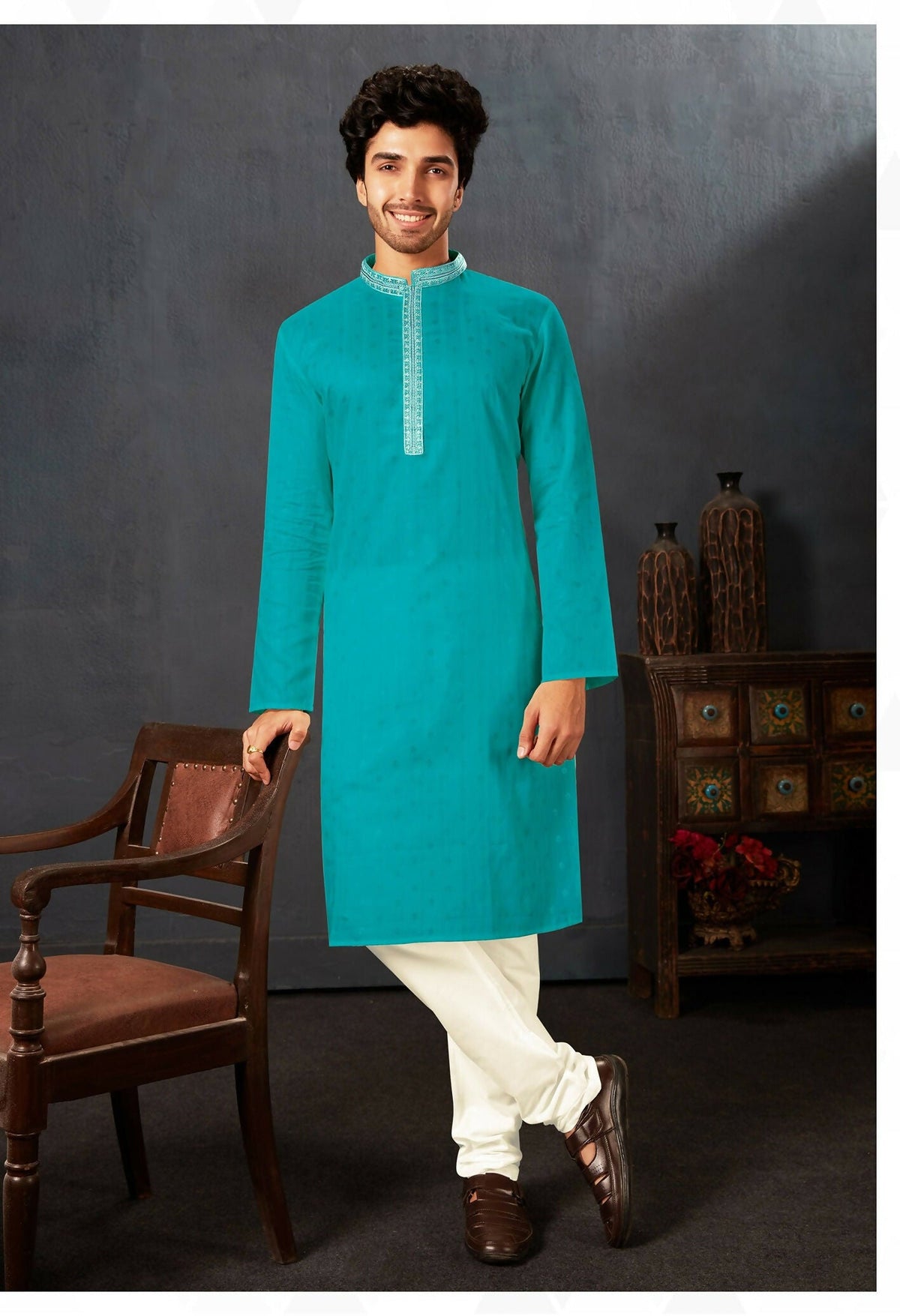 Joban Fashion Firozi Cotton Kurta Pyjama