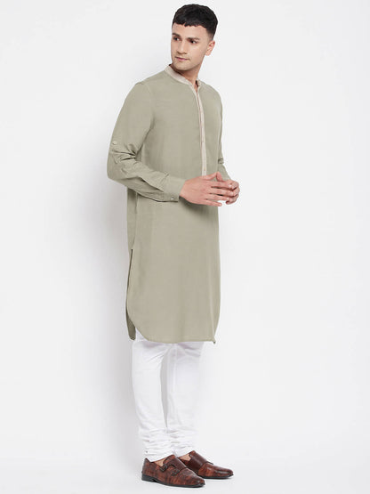 Even Apparels Green Pure Cotton Men's Kurta With Contrast Collar And Placket