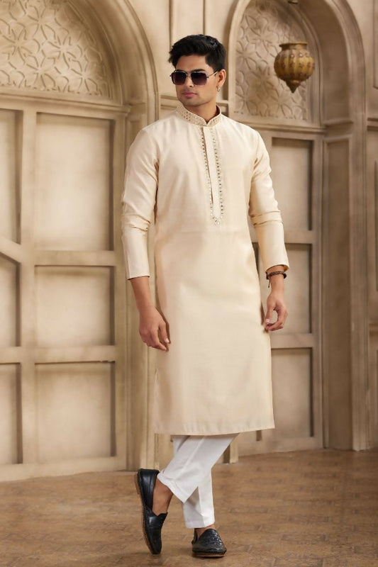 Raivat Ethnic Banarasi Art Silk Mirror Work Kurta Pajama In Beige Colour
