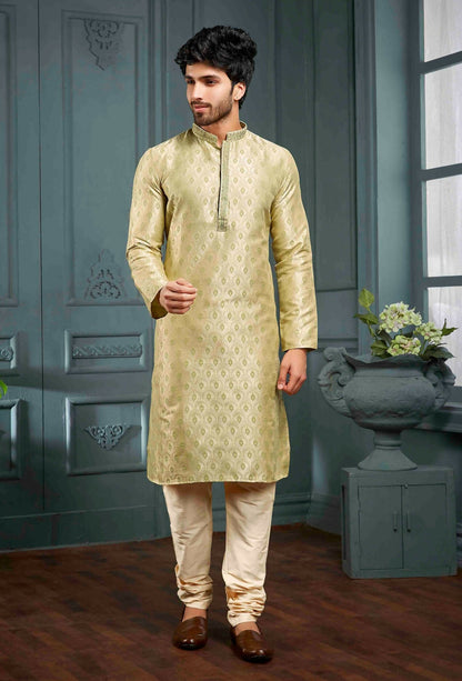 Joban Fashion Men's Golden & Pista Poly Jacquard Kurta Pajama