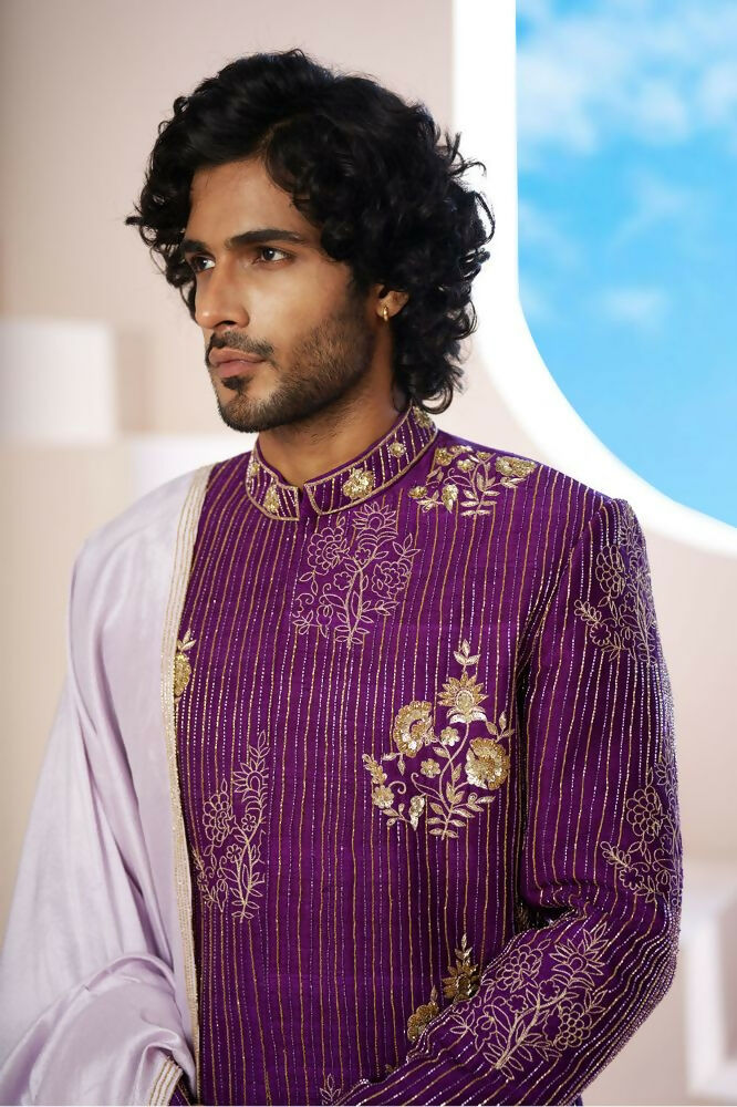 Purple Elegance Sherwani With Zardosi And Gold Embellishments by Hilo Design
