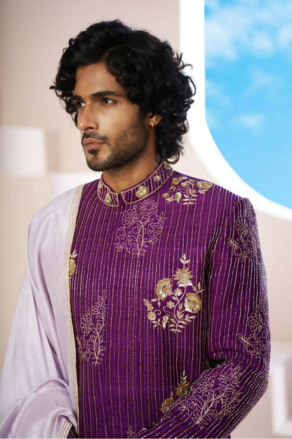 Purple Elegance Sherwani With Zardosi And Gold Embellishments by Hilo Design