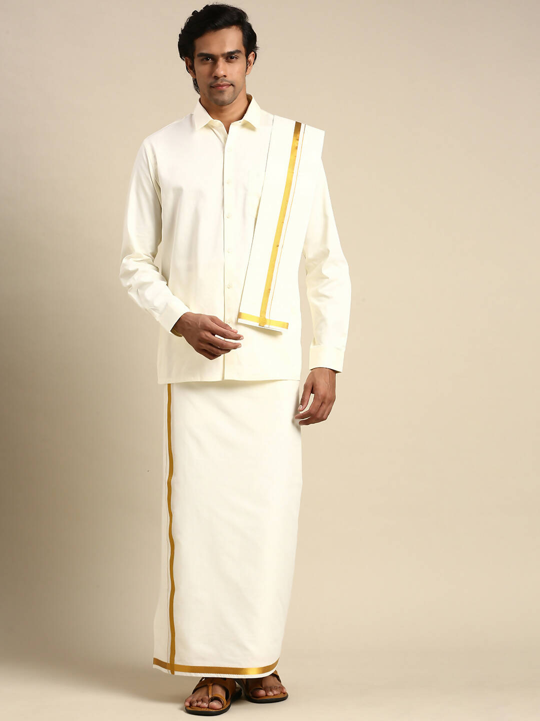 Ramraj Cotton Premium Wedding Cream Regular Dhoti, Shirt & Towel Set Arathi 3/4"