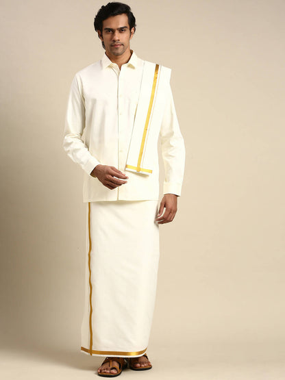 Ramraj Cotton Premium Wedding Cream Regular Dhoti, Shirt & Towel Set Arathi 3/4"