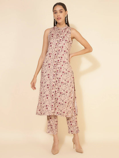 Janasya Women's Beige Moss Digital Floral Printed Casual Straight Co-ords