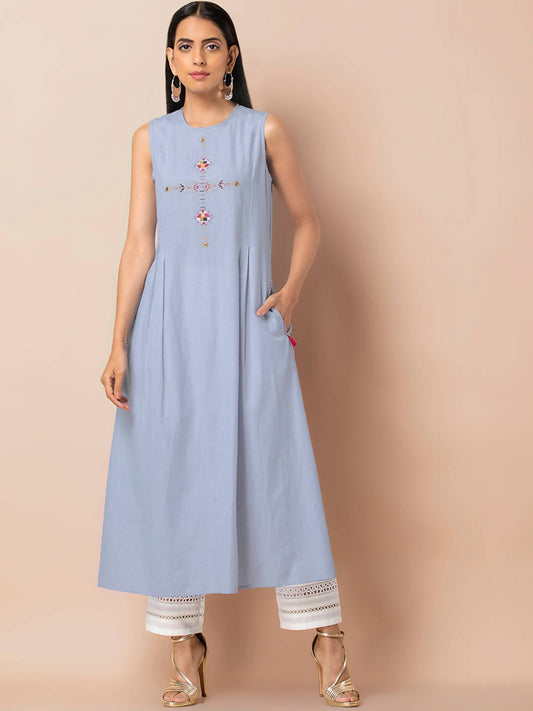 Indya Women Blue Solid A-Line Kurta