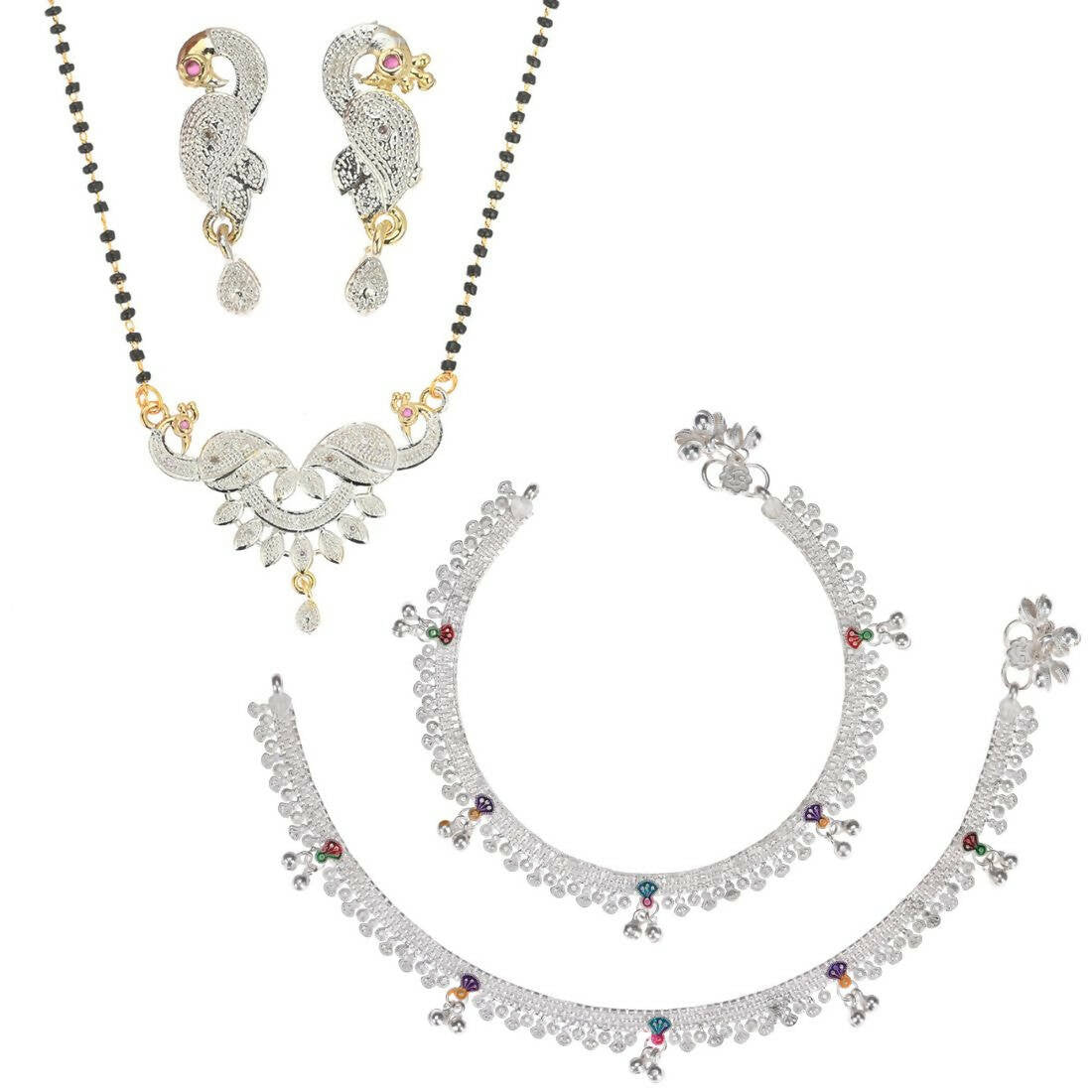 AanyaCentric Gold-Polished Mangalsutra Pendant Earring Set & Silver Plated Anklet