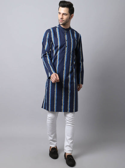 Even Apparels Navy Pure Cotton Men's Kurta With Band Collar (STR1169)