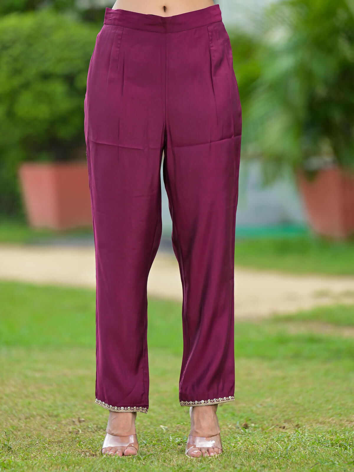 Juniper Women's Wine Solid Viscose Kurta Pant With Dupatta Set With Zari & Mirror Embroidery