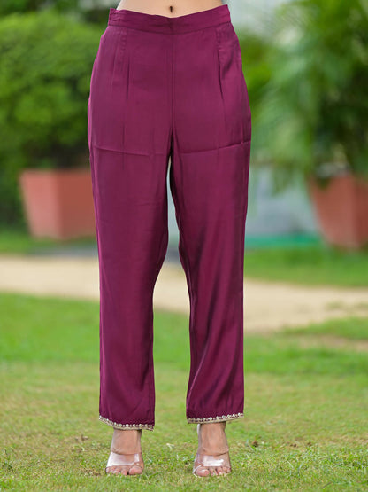 Juniper Women's Wine Solid Viscose Kurta Pant With Dupatta Set With Zari & Mirror Embroidery