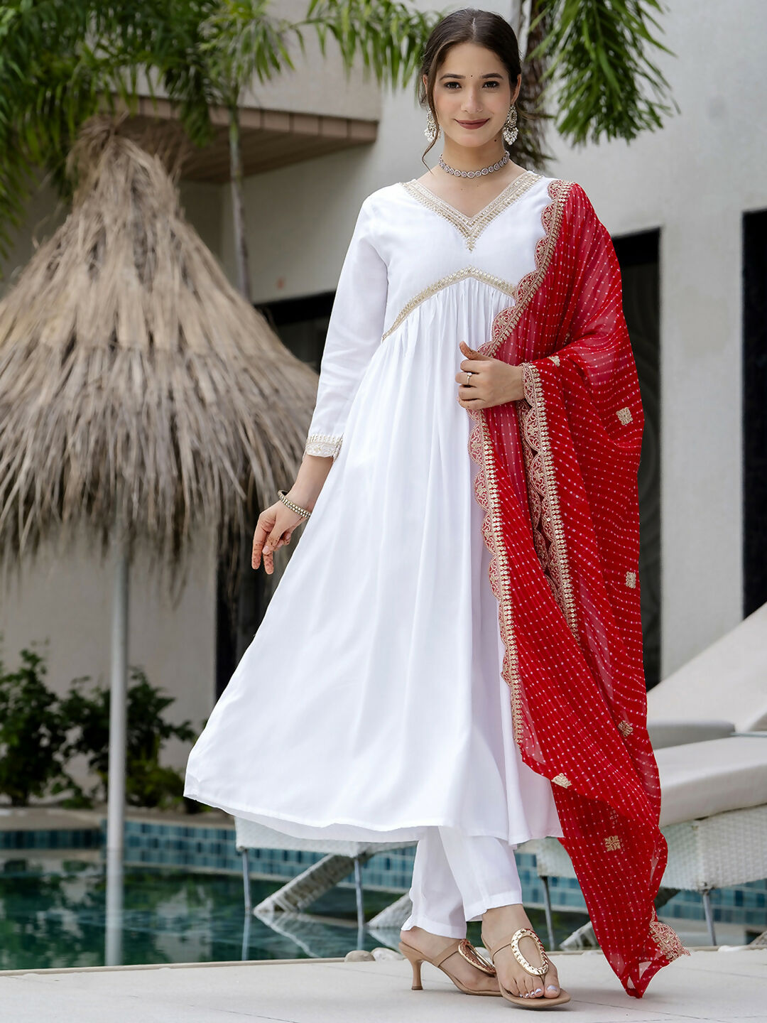 The52 White Women's Gorgeous Embroidered Chanderi Fabric Straight Kurta, Pant and Dupatta Set