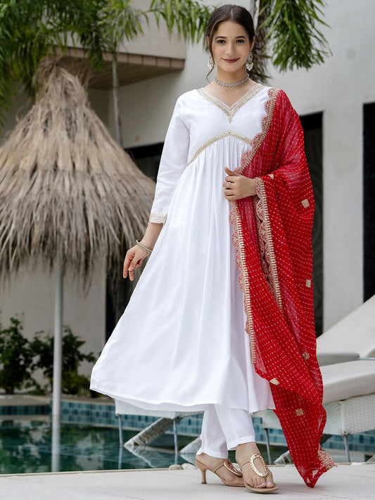 The52 White Women's Gorgeous Embroidered Chanderi Fabric Straight Kurta, Pant and Dupatta Set