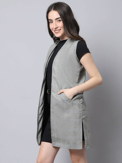 Even Apparels Grey Polywool Open Front Checked Women's Long Coat