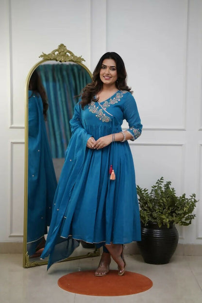 The52 Petrol Women's Beautiful Parampara Fabric Embroidered Work Flared Kurta Pant and Dupatta Set