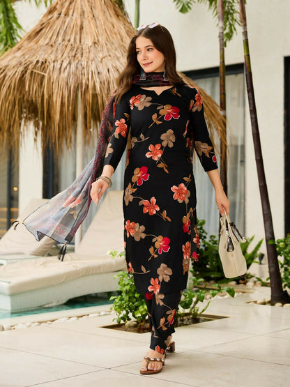 The52 Black Women's Gorgeous Printed Silk Blend Fabric Straight Kurta, Pant and Dupatta Set