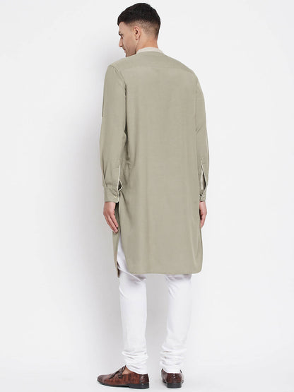 Even Apparels Green Pure Cotton Men's Kurta With Contrast Collar And Placket