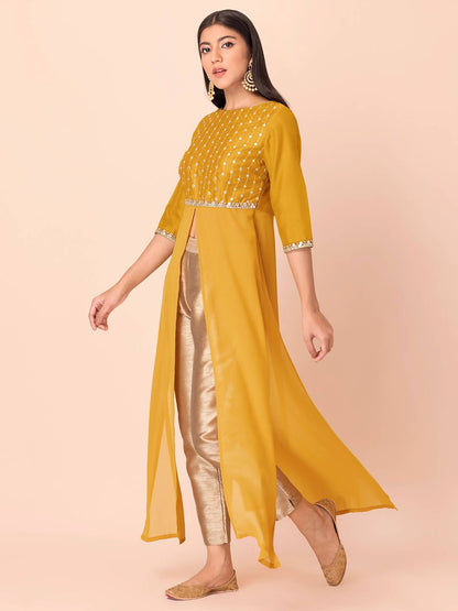 Indya Mustard Yellow Yoke Design Gotta Patti High Slit Kurta