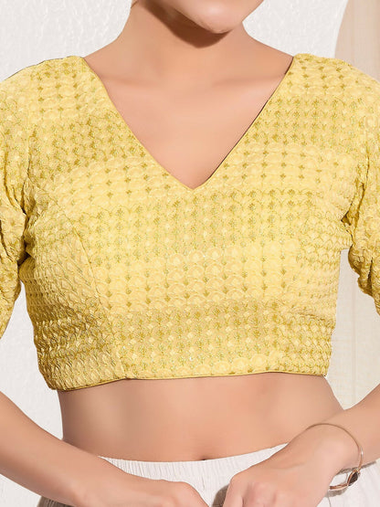 Joban Fashion Yellow Crochet Padded Blouse With V Neck Elbow Sleeves