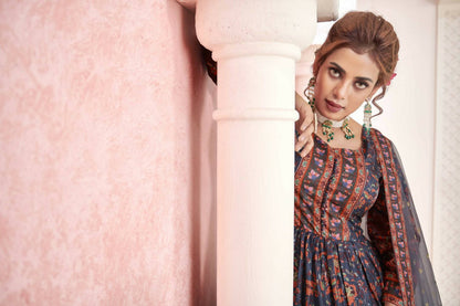 Everywhere Designer Navy Blue Dola Silk Gown With Dupatta - Anbazaar