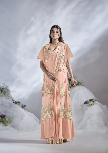 Peach Crepe Satin Silk Designer Ready to wear saree with stithced Blouse - Mohmanthan Aura