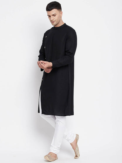 Even Apparels Black Pure Cotton Men's Sherwani Kurta With Asymetrical Cut