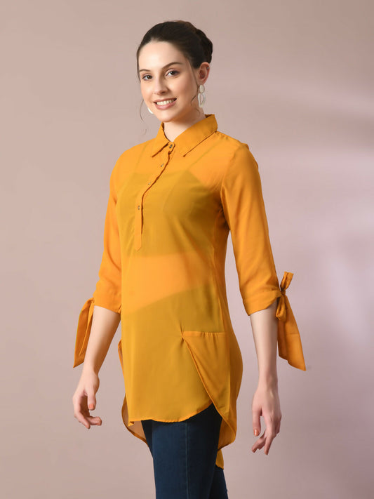 Myshka Women's Yellow Solid Georgette Longline Party Sheer Tunic