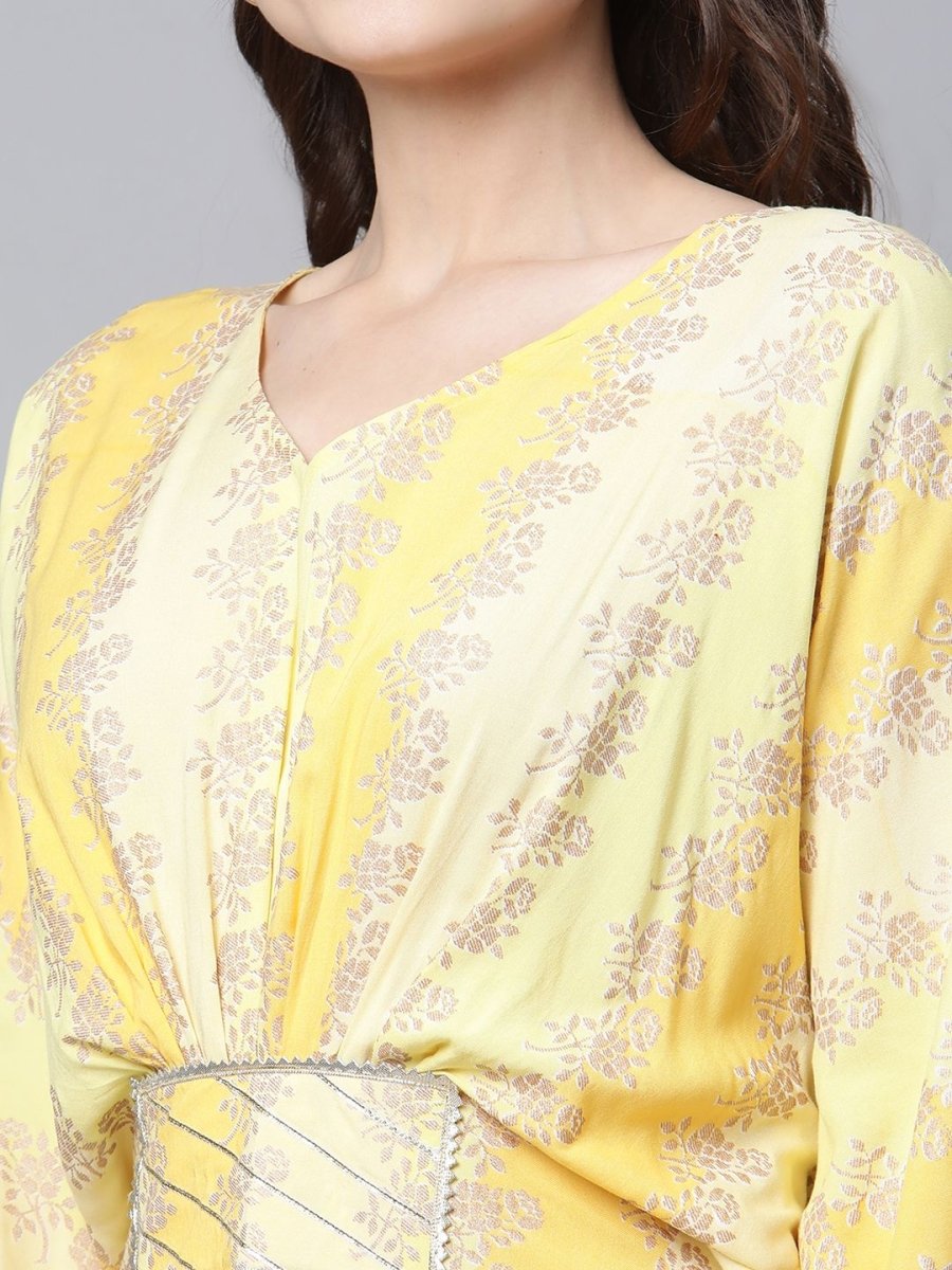 Ahalyaa Women Yellow Rayon Printed Flared Sleeve Kaftan Kurta