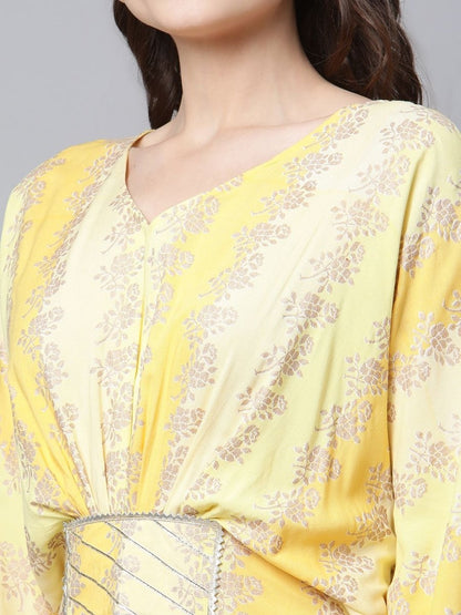 Ahalyaa Women Yellow Rayon Printed Flared Sleeve Kaftan Kurta