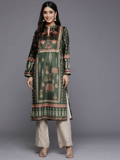 Ahalyaa Women Green & Pink Ethnic Motifs Printed Gotta Patti Velvet Kurta