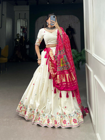Vastranavya Traditional Special Khadi Cotton Sequins And Thread Embroidery Work Lehenga with Unstitched Blouse - White
