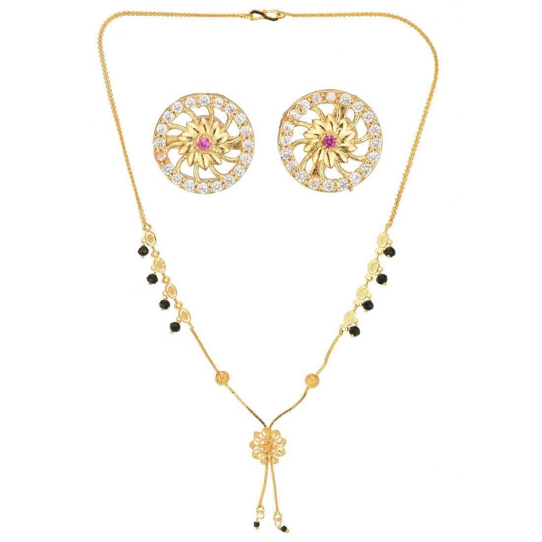 AanyaCentric Gold-Polished Short Mangalsutra Set with Earrings