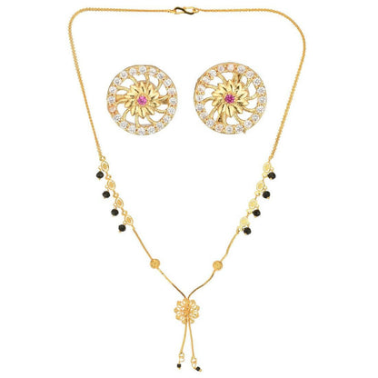 AanyaCentric Gold-Polished Short Mangalsutra Set with Earrings