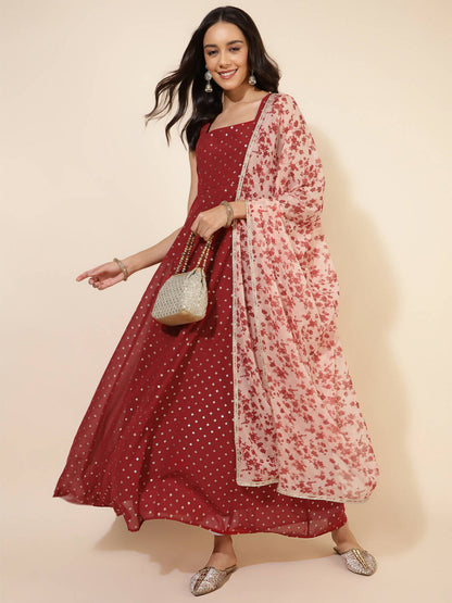 Janasya Women's Red Georgette Foil Printed Festive Anarkali Kurta Set