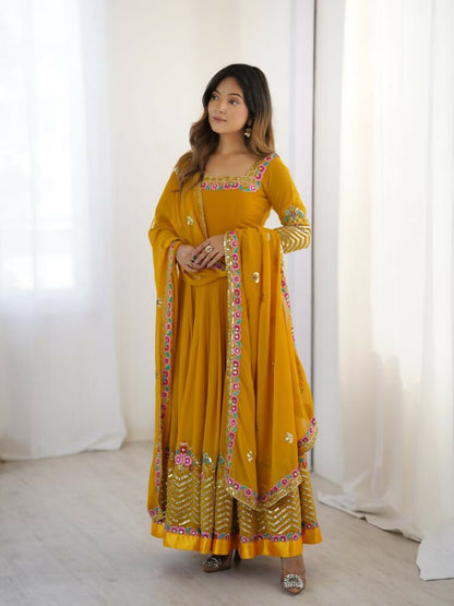 Joban Fashion Mustard Georgette Sequence Embroidery Work Readymade Kurta Set