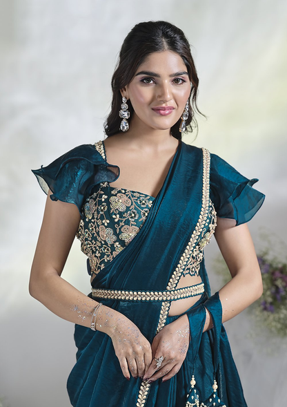 Teal Blue Two Tone Satin Silk Designer Ready to wear saree with stithced Blouse - Mohmanthan Aura