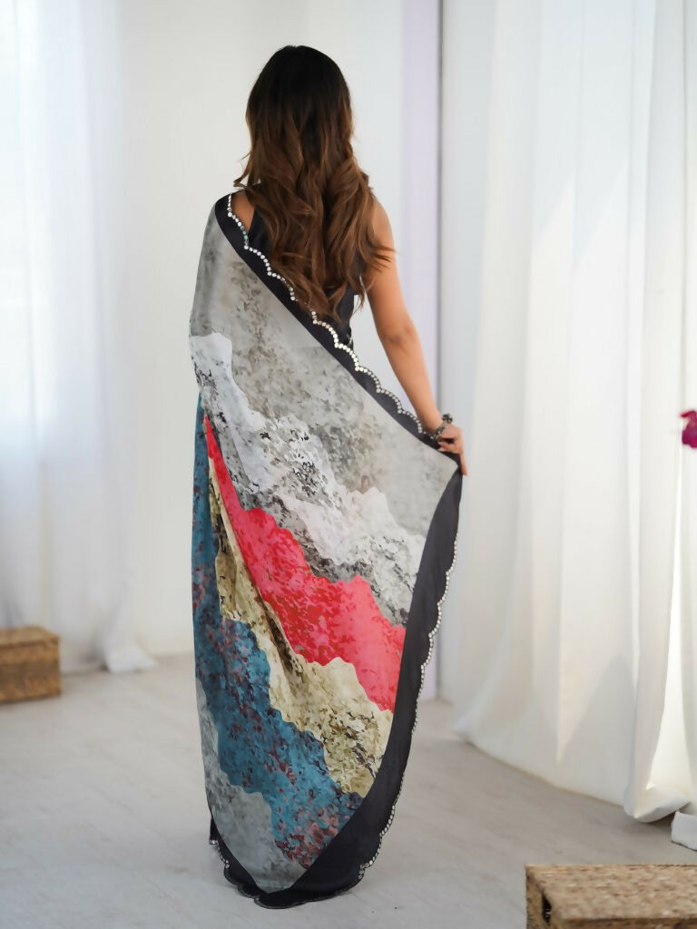Grey Chinon Designer Digital Printed,Mirror Cut Work Saree - Sohni